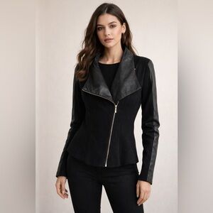 Ted Baker ($500) Black Asymmetric Zip Leather Trim Wool Moto Jacket Sz 1 US 4